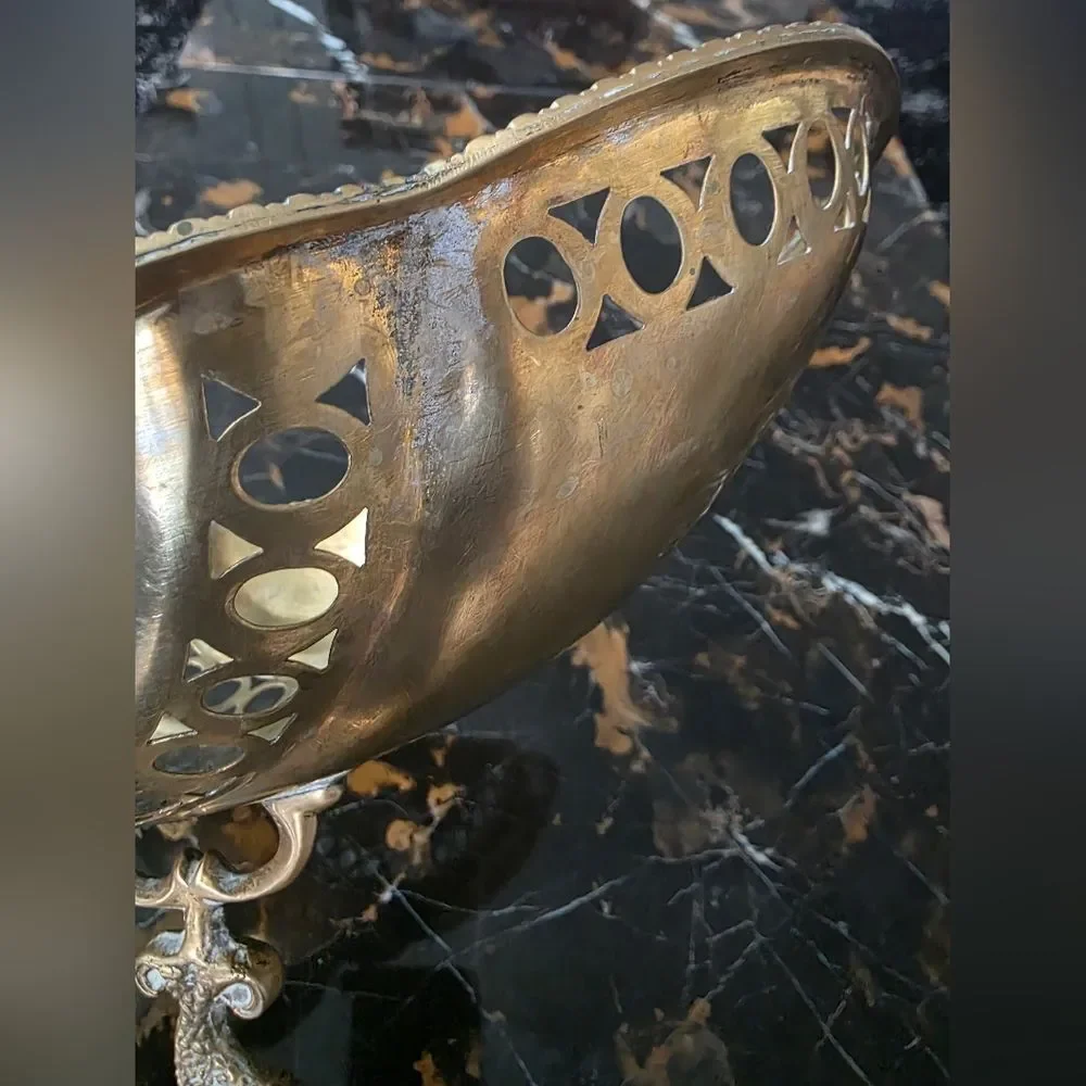Vintage Brass Fish Pedestal Bowl 7x11.5 Koi